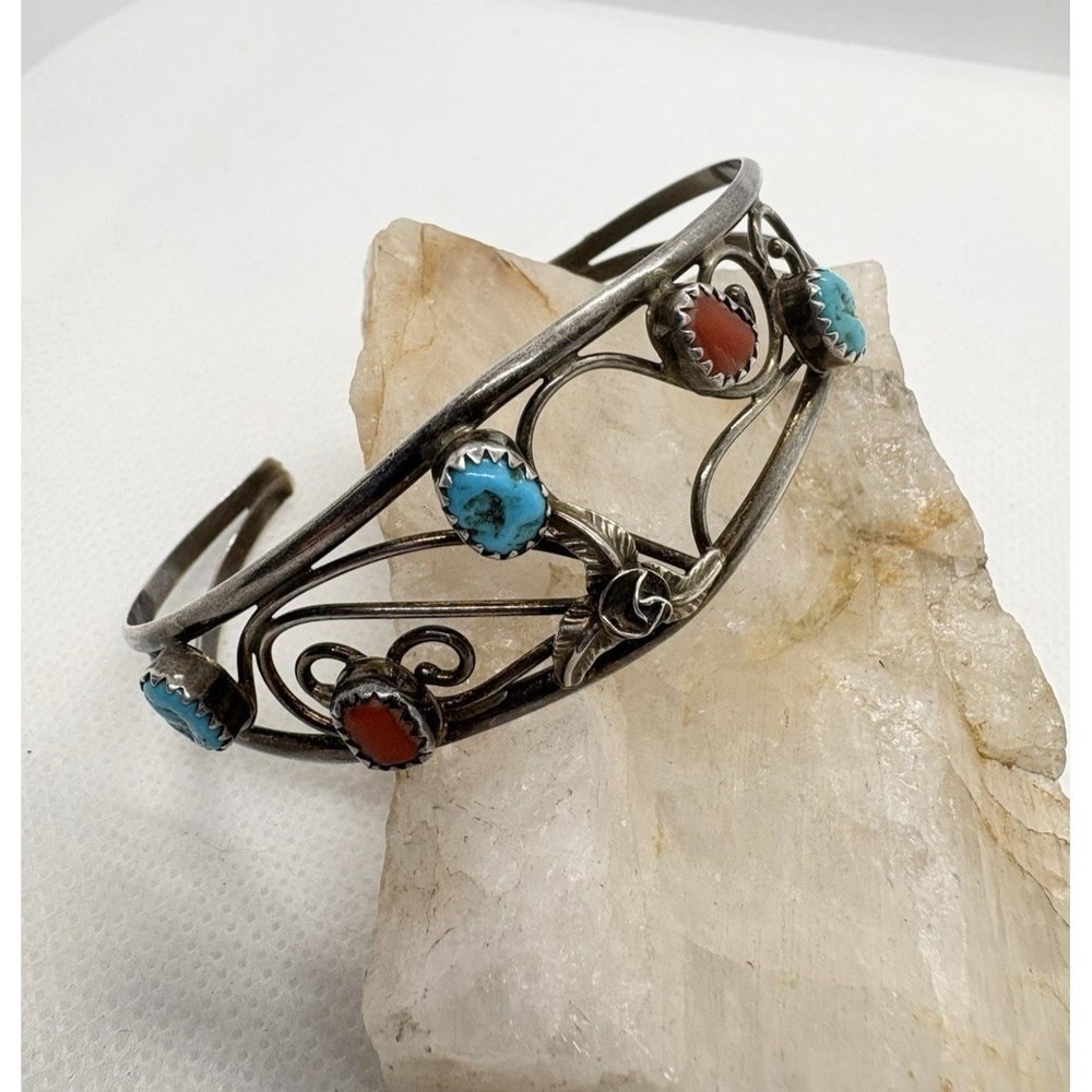 Vintage Navajo Jerry Cowboy Sterling Silver Turquoise Coral Cuff Bracelet 6.5''